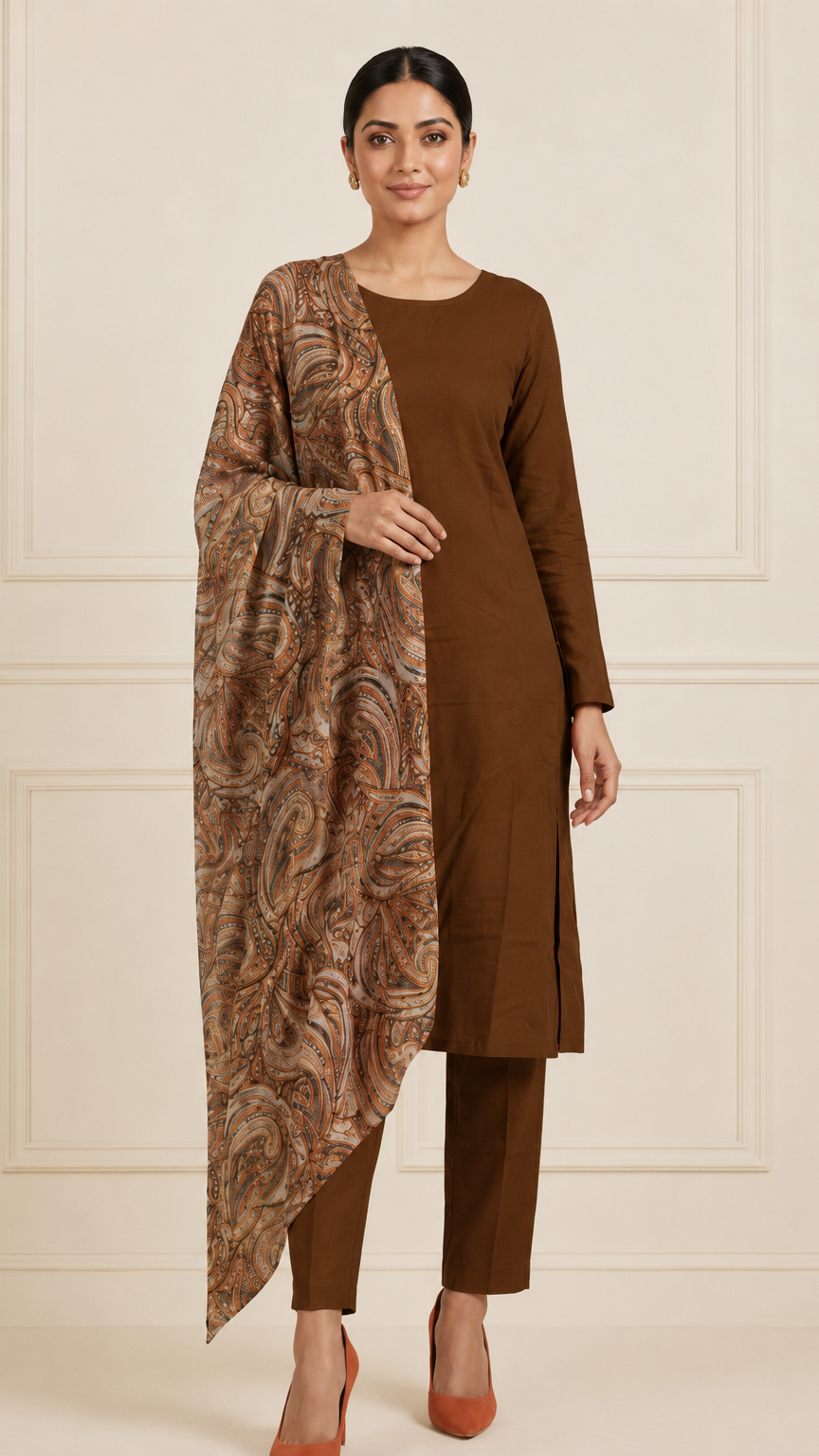 Buy heavy rust orange kurta trouser set with paisley printed dupatta online at Diya Online