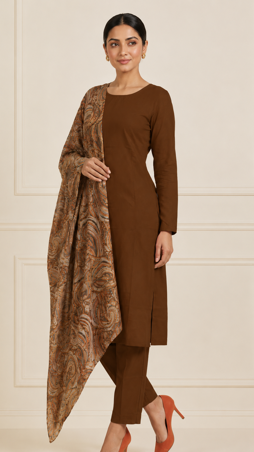 Buy heavy rust orange kurta trouser set with paisley printed dupatta online at Diya Online