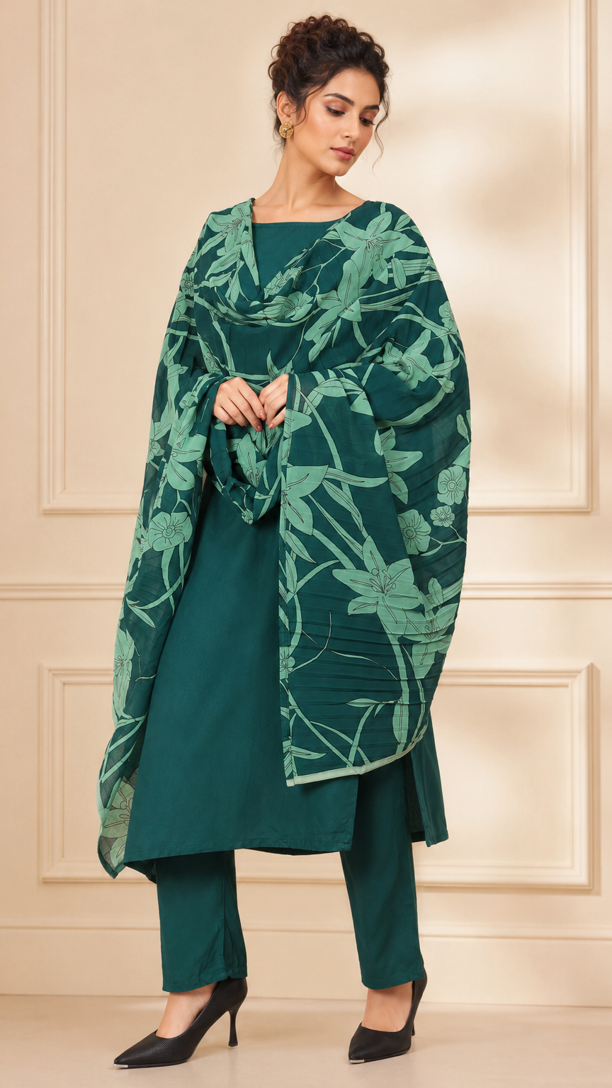 Teal green women’s salwar kameez suit with matching trousers and floral printed dupatta, modest Asian ethnic wear by Diya Online