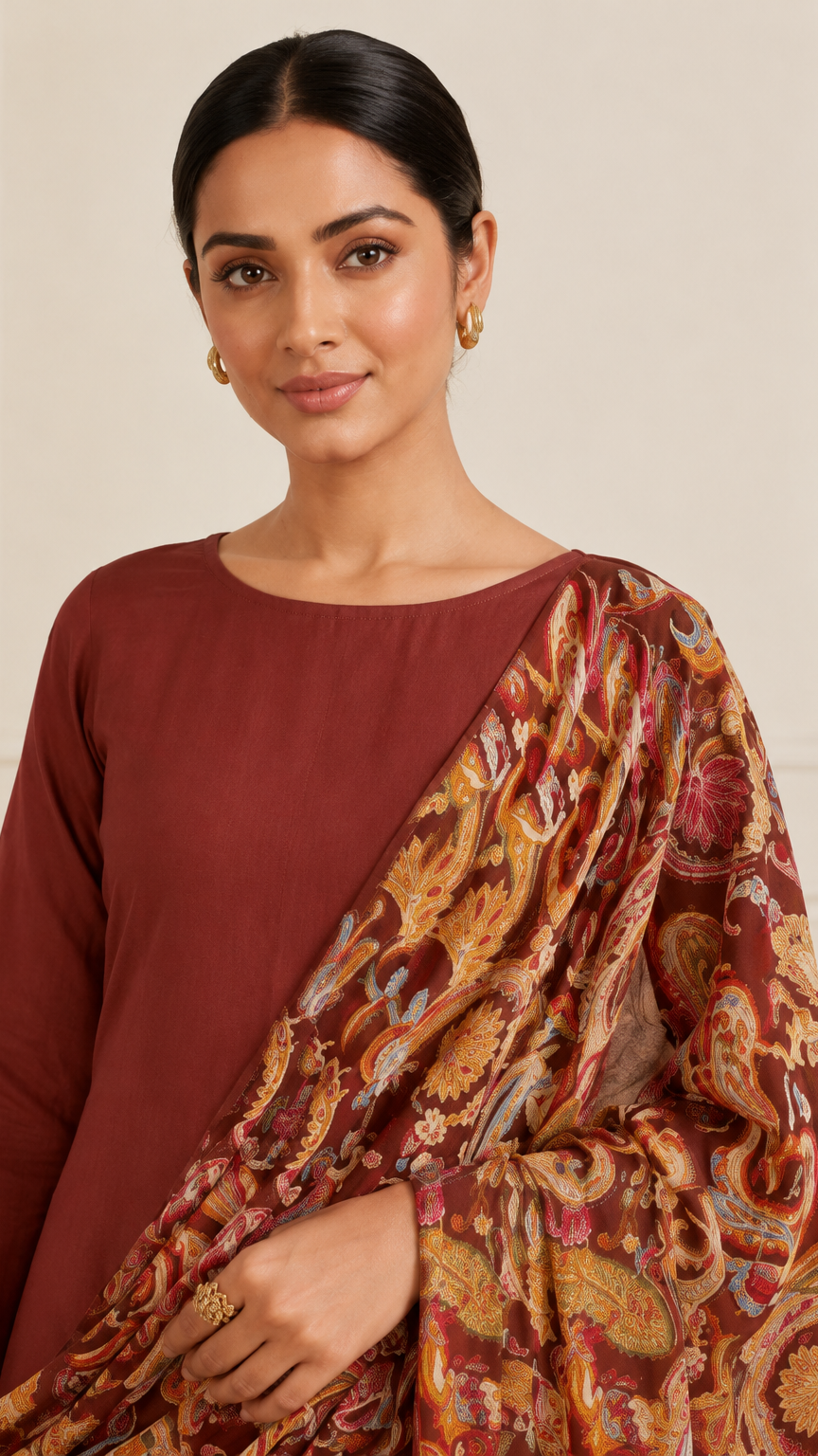 Model wearing a rust brown ethnic kurta set with matching trousers and a heavy paisley printed dupatta in a heritage-style corridor.
