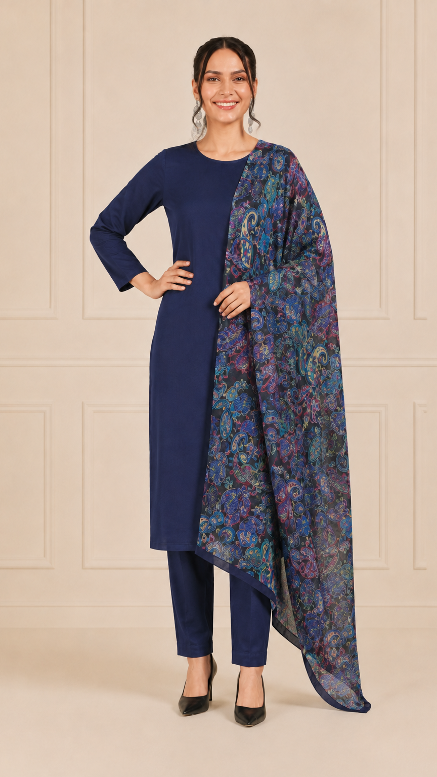 Woman wearing a navy blue kurta set with matching trousers and multicolour paisley printed dupatta – Diya Online ethnic wear.