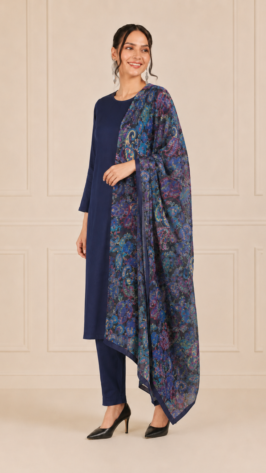 Woman wearing a navy blue kurta set with matching trousers and multicolour paisley printed dupatta – Diya Online ethnic wear.