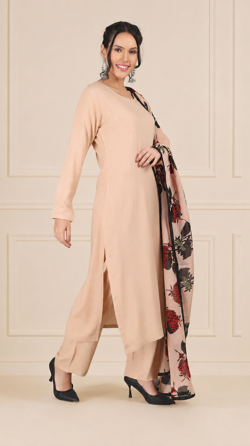 Peach beige women’s salwar kameez suit with matching trousers and floral printed dupatta, modest Asian ethnic wear by Diya Online