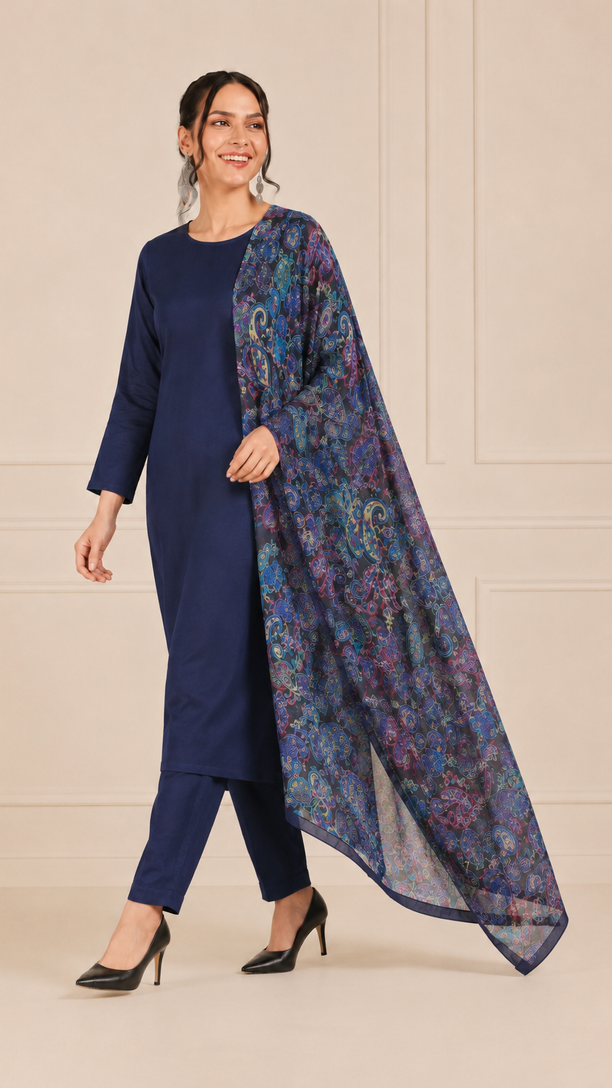 Woman wearing a navy blue kurta set with matching trousers and multicolour paisley printed dupatta – Diya Online ethnic wear.