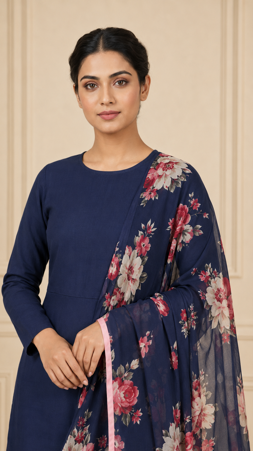 Navy blue women’s salwar kameez suit with matching trousers and floral printed dupatta with pink border, elegant Asian ethnic wear outfit by Diya Online