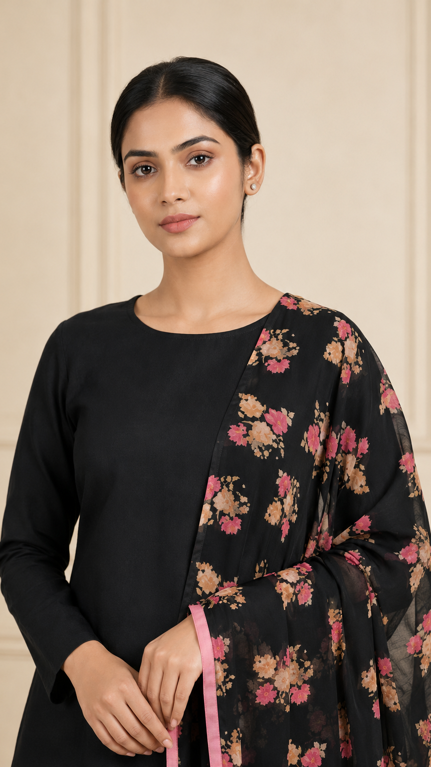 Black women’s salwar kameez suit with matching trousers and floral printed dupatta with pink border, elegant Asian ethnic wear outfit by Diya Online