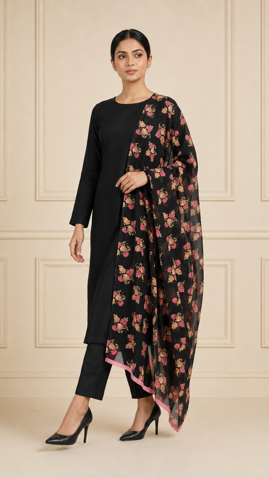 Black women’s salwar kameez suit with matching trousers and floral printed dupatta with pink border, elegant Asian ethnic wear outfit by Diya Online