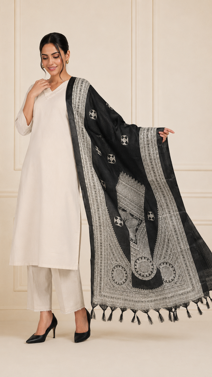 Ivory women’s salwar kameez suit with matching trousers and black printed dupatta, modest Asian ethnic wear outfit by Diya Online