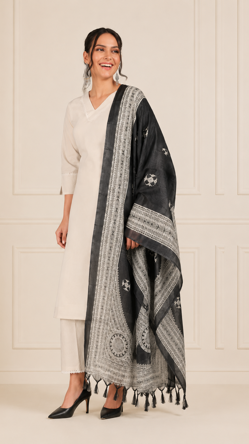 Ivory women’s salwar kameez suit with matching trousers and black printed dupatta, modest Asian ethnic wear outfit by Diya Online