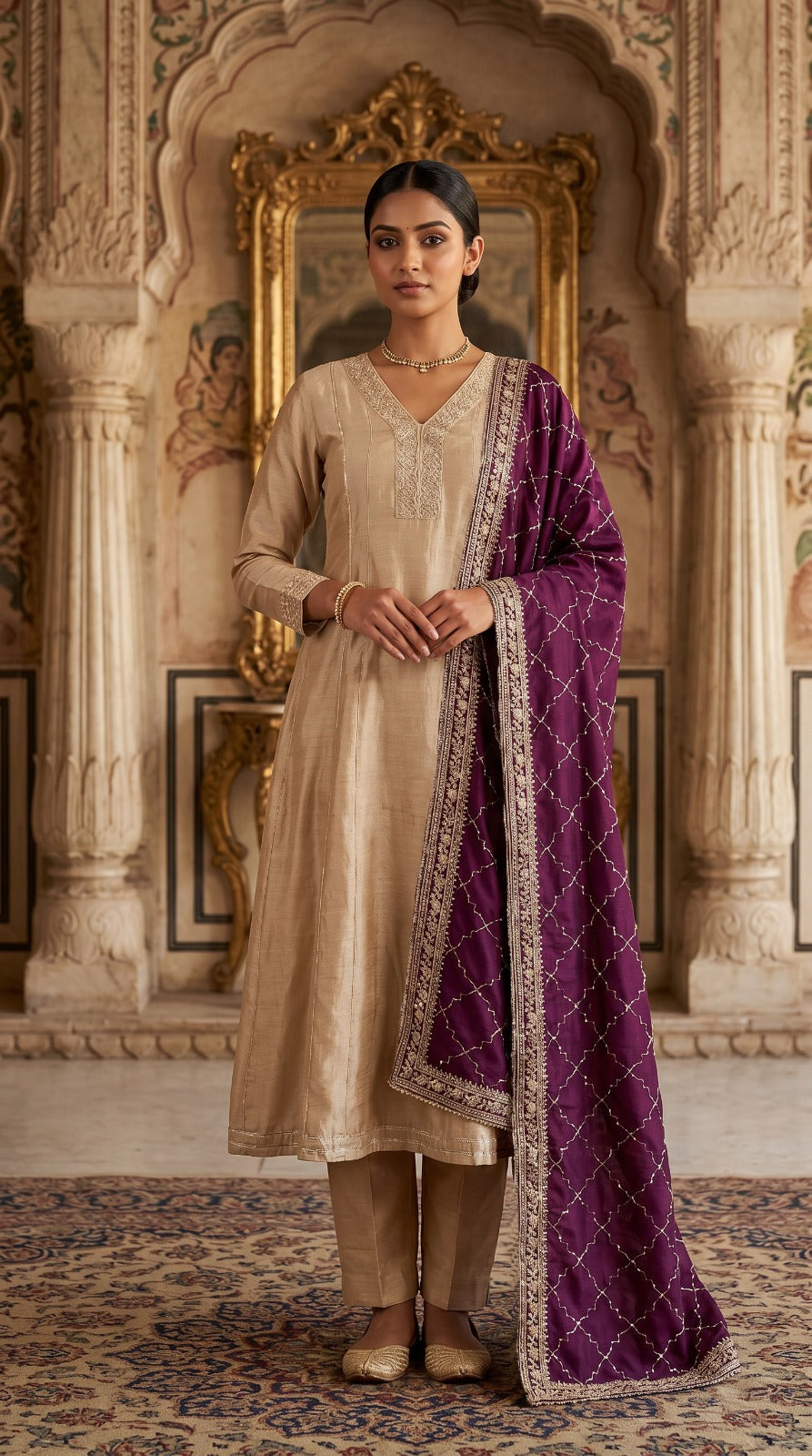 Ivory Georgette Vichitra Embroidered Suit Set