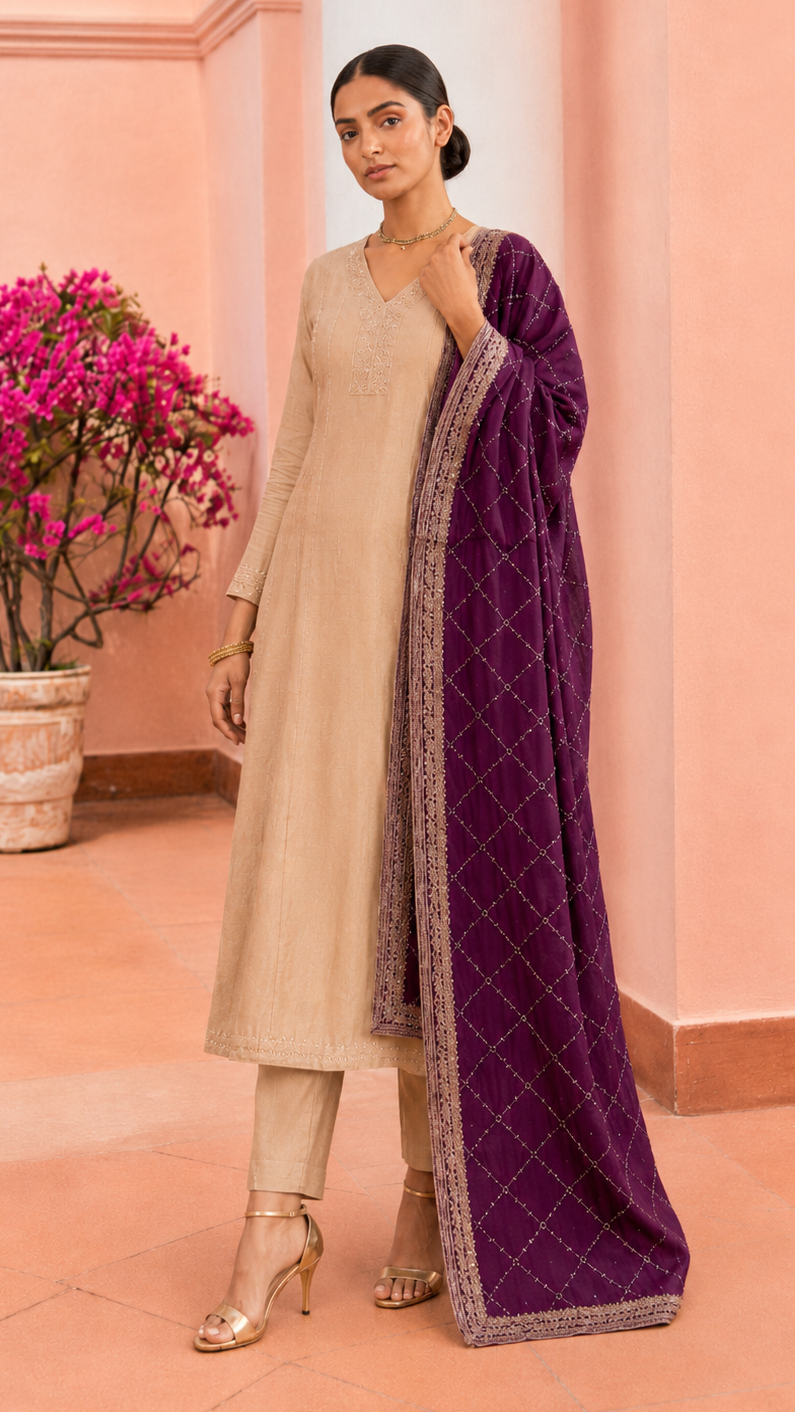 Beige embroidered straight kurta set with trousers and purple dupatta for women’s Pakistani Indian ethnic wear