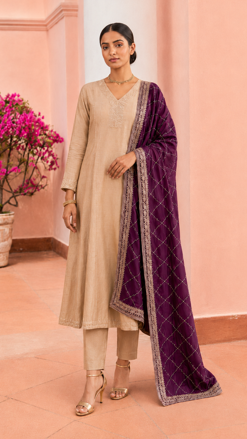 Beige embroidered straight kurta set with trousers and purple dupatta for women’s Pakistani Indian ethnic wear