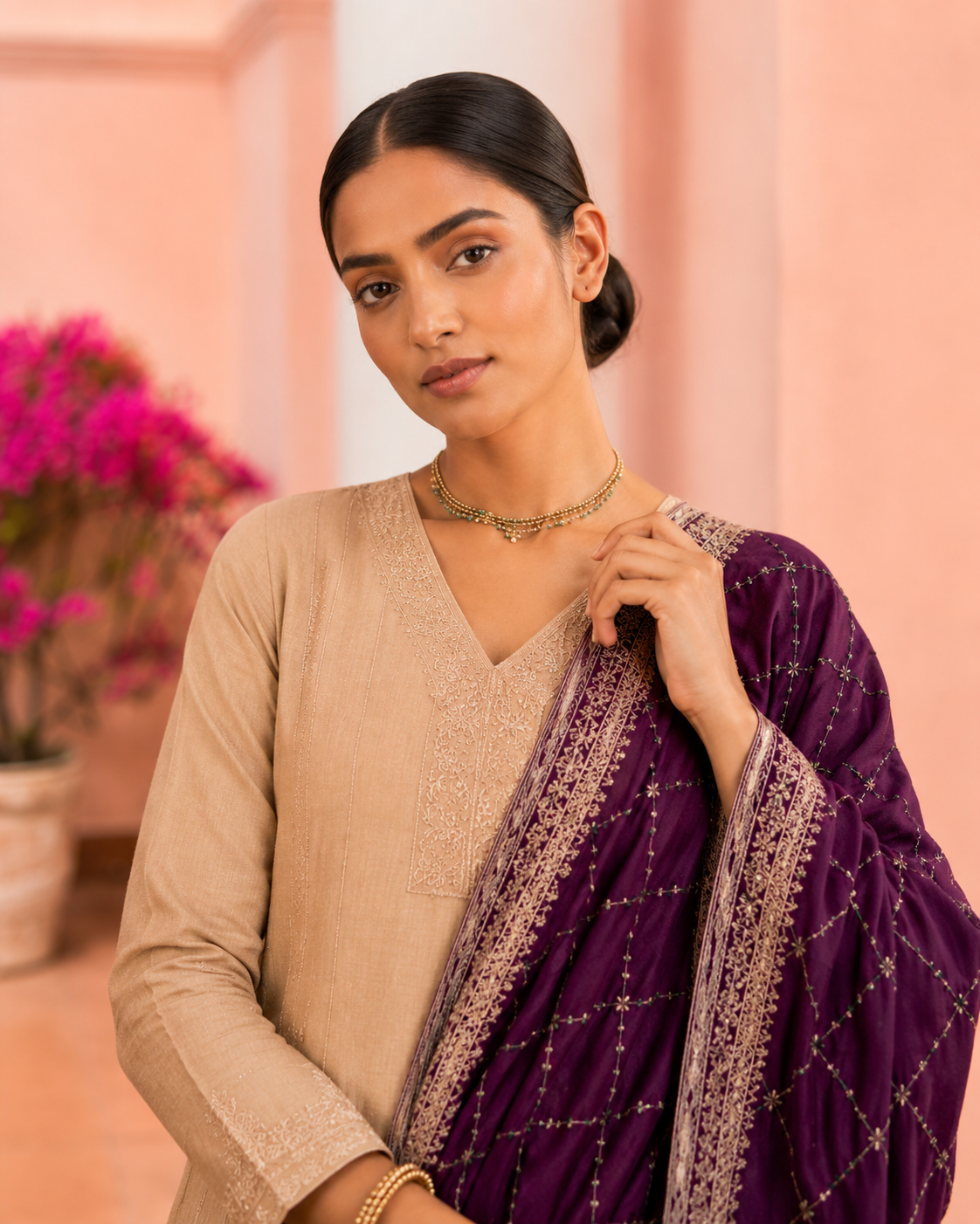Beige embroidered straight kurta set with trousers and purple dupatta for women’s Pakistani Indian ethnic wear