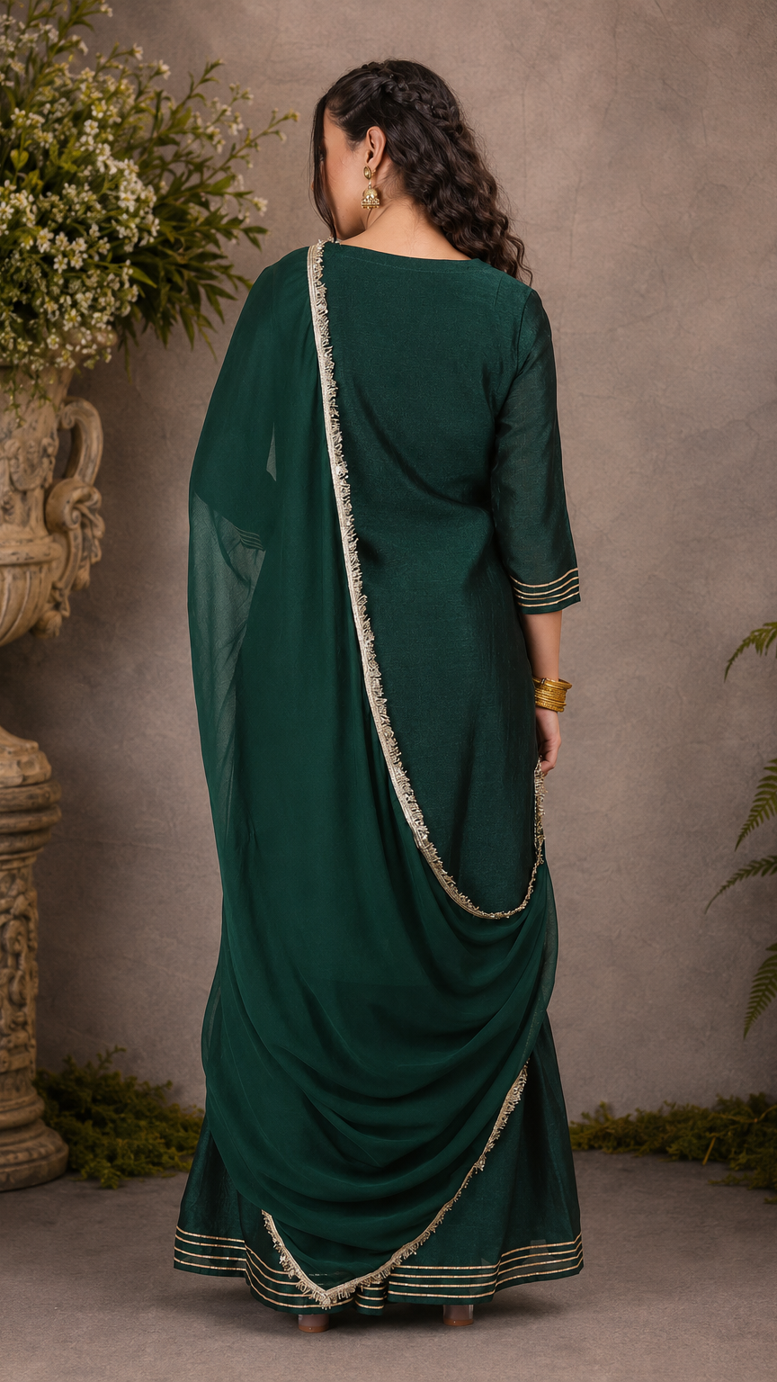 Emerald green women’s embroidered salwar kameez suit with matching sharara trousers and dupatta, elegant Asian occasion wear by Diya Online