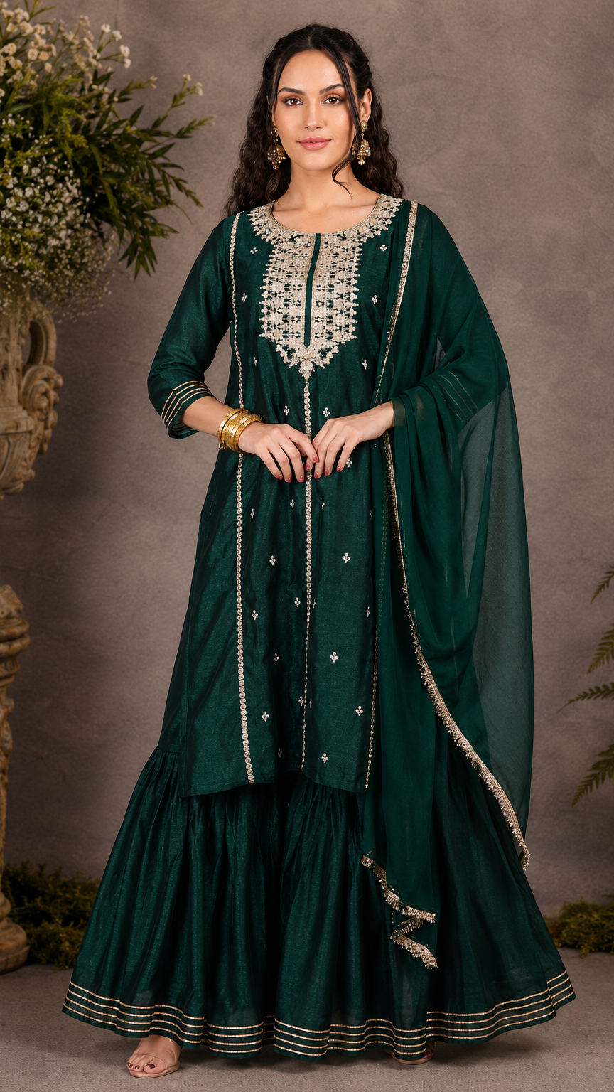 Emerald green women’s embroidered salwar kameez suit with matching sharara trousers and dupatta, elegant Asian occasion wear by Diya Online