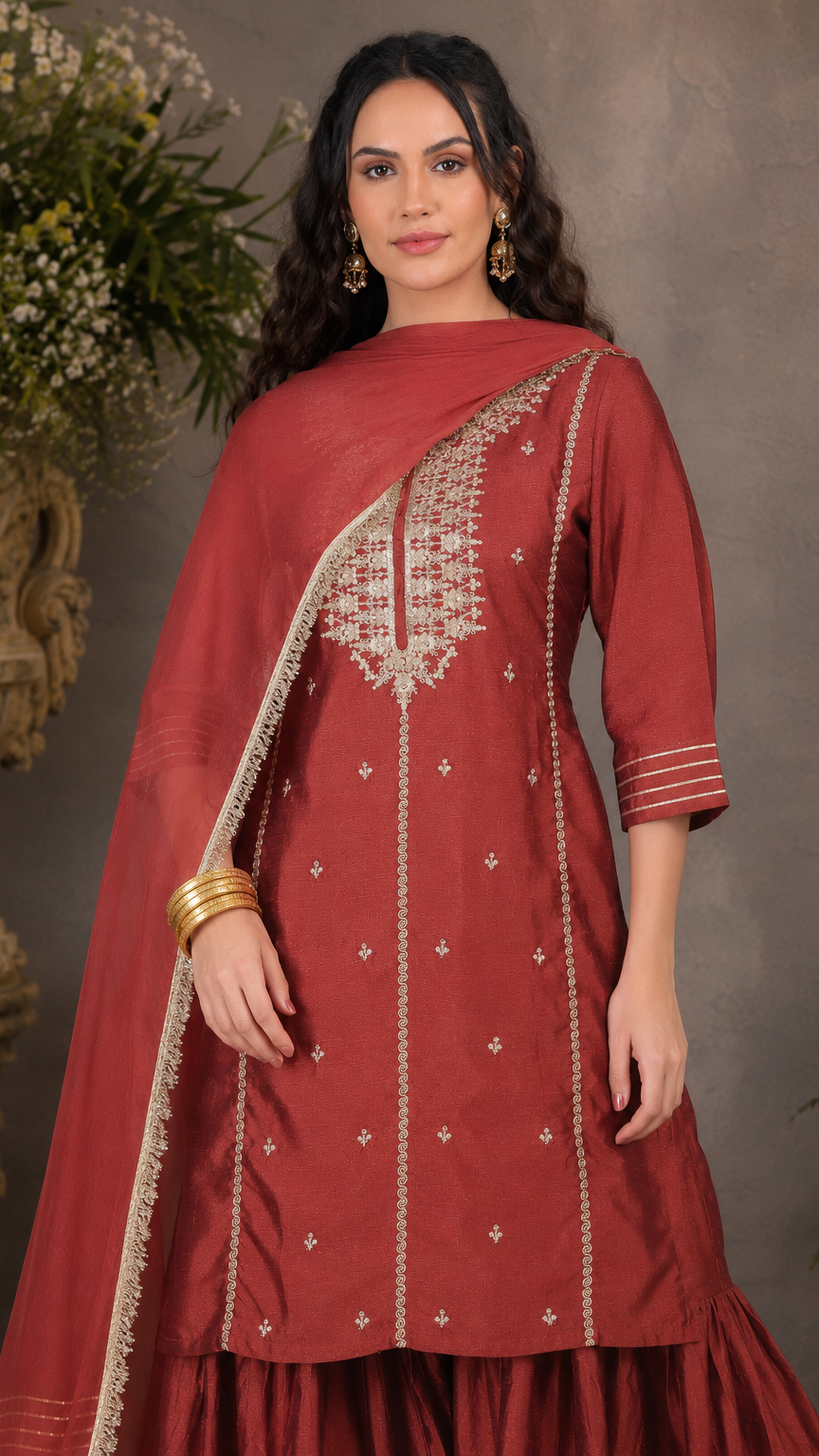 Deep red women’s embroidered salwar kameez suit with matching sharara trousers and dupatta, elegant Asian occasion wear by Diya Online