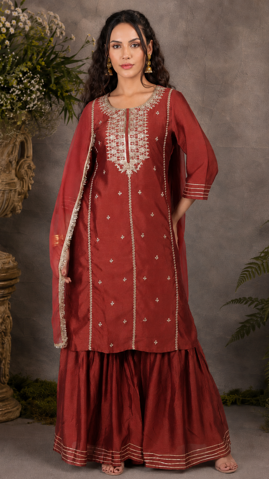 Deep red women’s embroidered salwar kameez suit with matching sharara trousers and dupatta, elegant Asian occasion wear by Diya Online