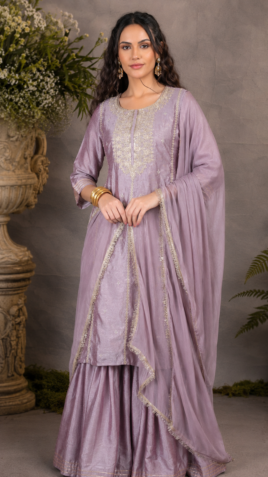 Mauve lavender women’s embroidered salwar kameez suit with matching sharara trousers and dupatta, elegant Asian occasion wear by Diya Online