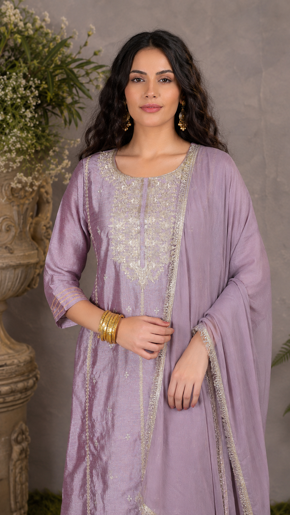 Mauve lavender women’s embroidered salwar kameez suit with matching sharara trousers and dupatta, elegant Asian occasion wear by Diya Online
