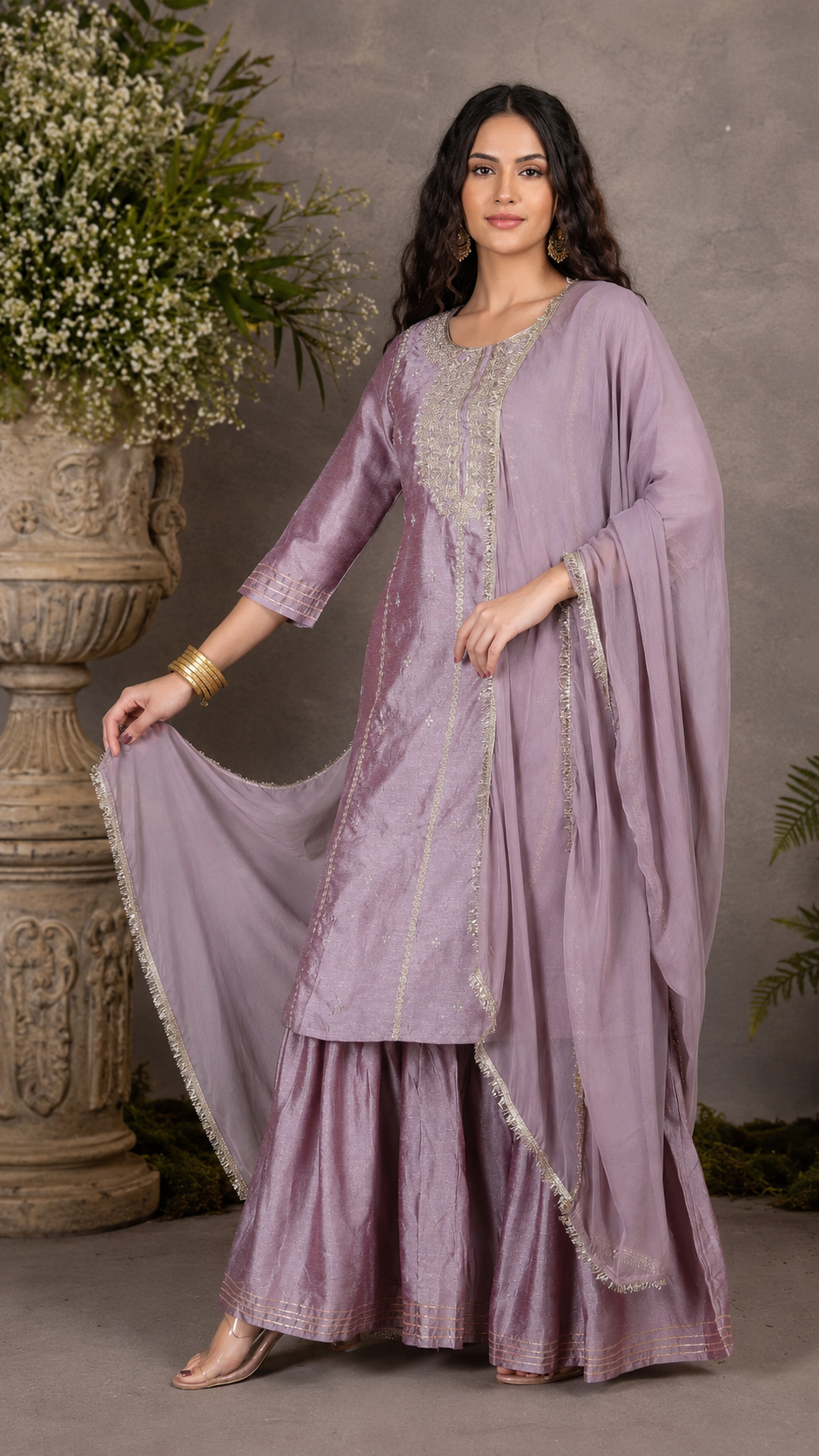 Mauve lavender women’s embroidered salwar kameez suit with matching sharara trousers and dupatta, elegant Asian occasion wear by Diya Online