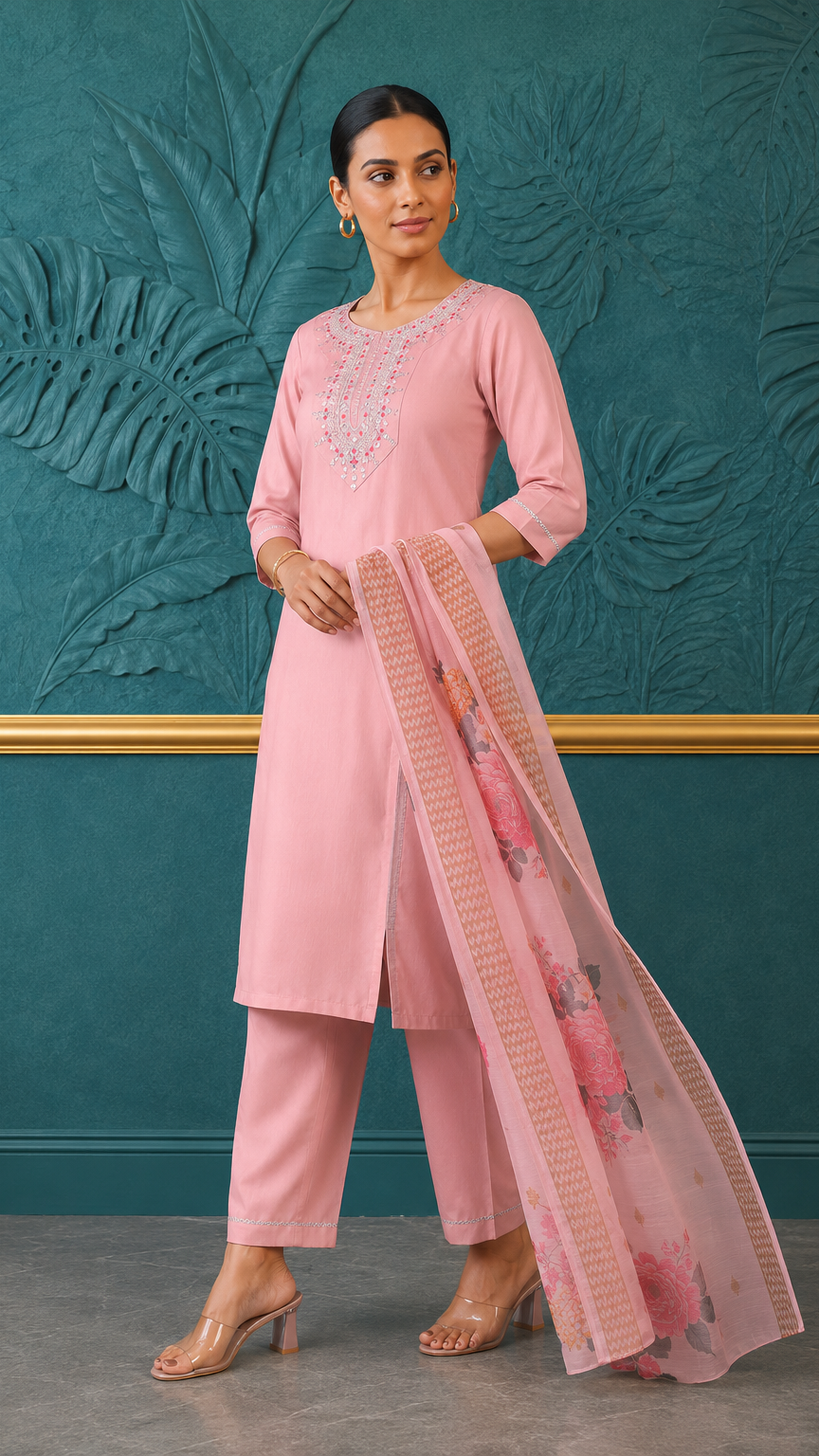 Blush pink women’s embroidered salwar kameez suit with matching trousers and floral printed dupatta, modest Asian wear by Diya Online