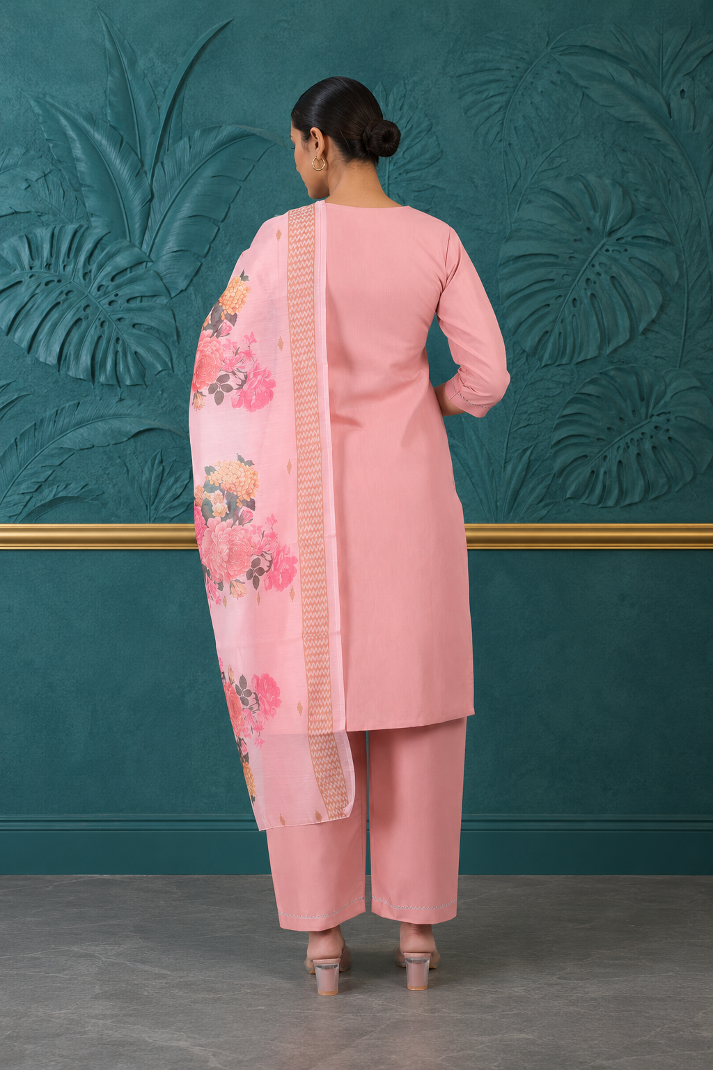 Pink Rayon Zari Embroidered Kurta Set with Printed Organza Dupatta