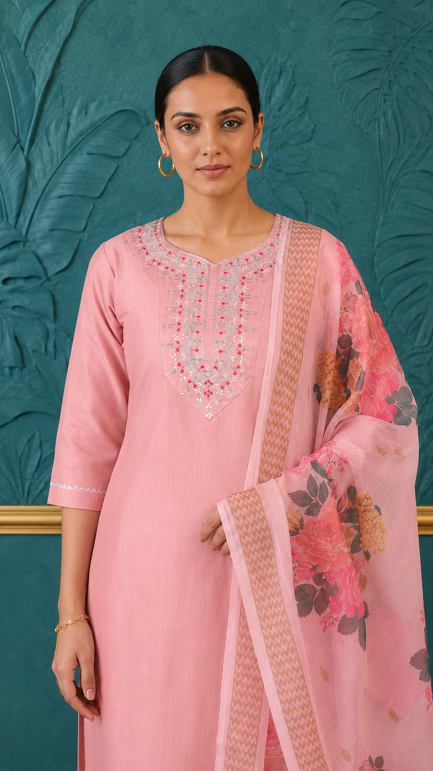 Blush pink women’s embroidered salwar kameez suit with matching trousers and floral printed dupatta, modest Asian wear by Diya Online