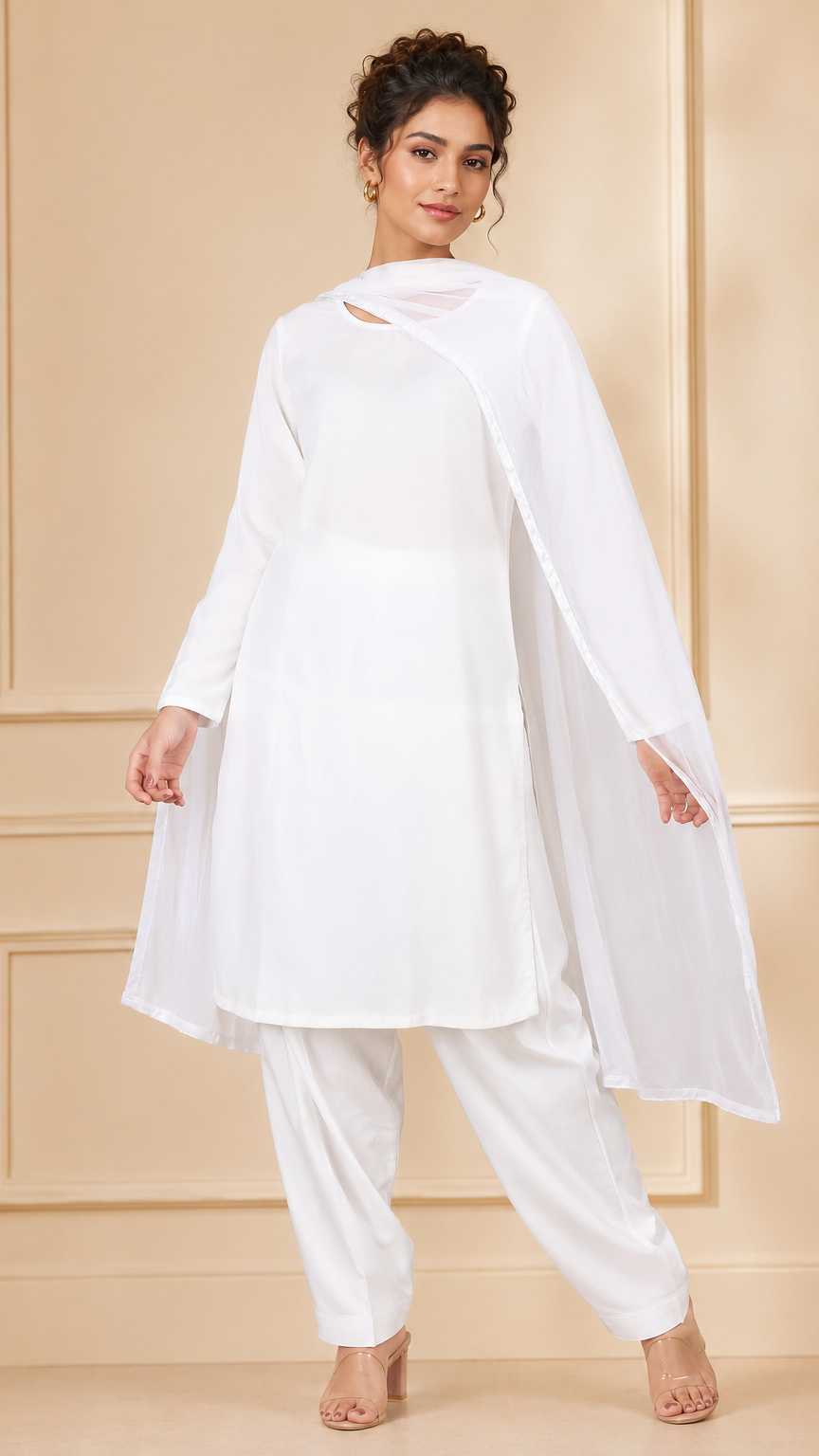 White women’s salwar kameez suit with matching trousers and plain chiffon dupatta, elegant modest Asian ethnic wear by Diya Online