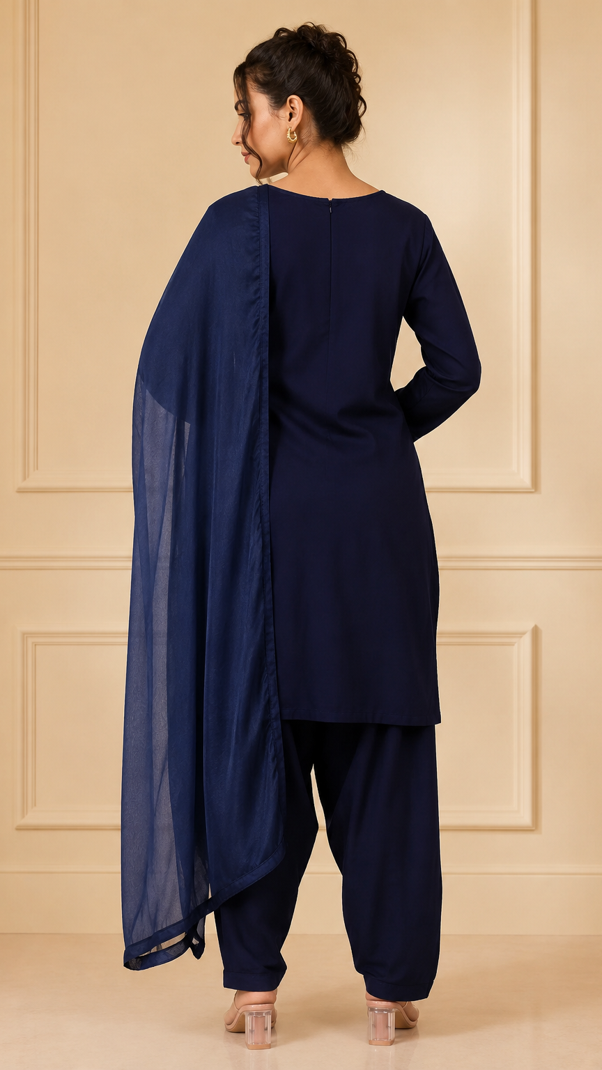 Navy blue women’s salwar kameez suit with matching trousers and plain chiffon dupatta, modest Asian ethnic wear outfit by Diya Online