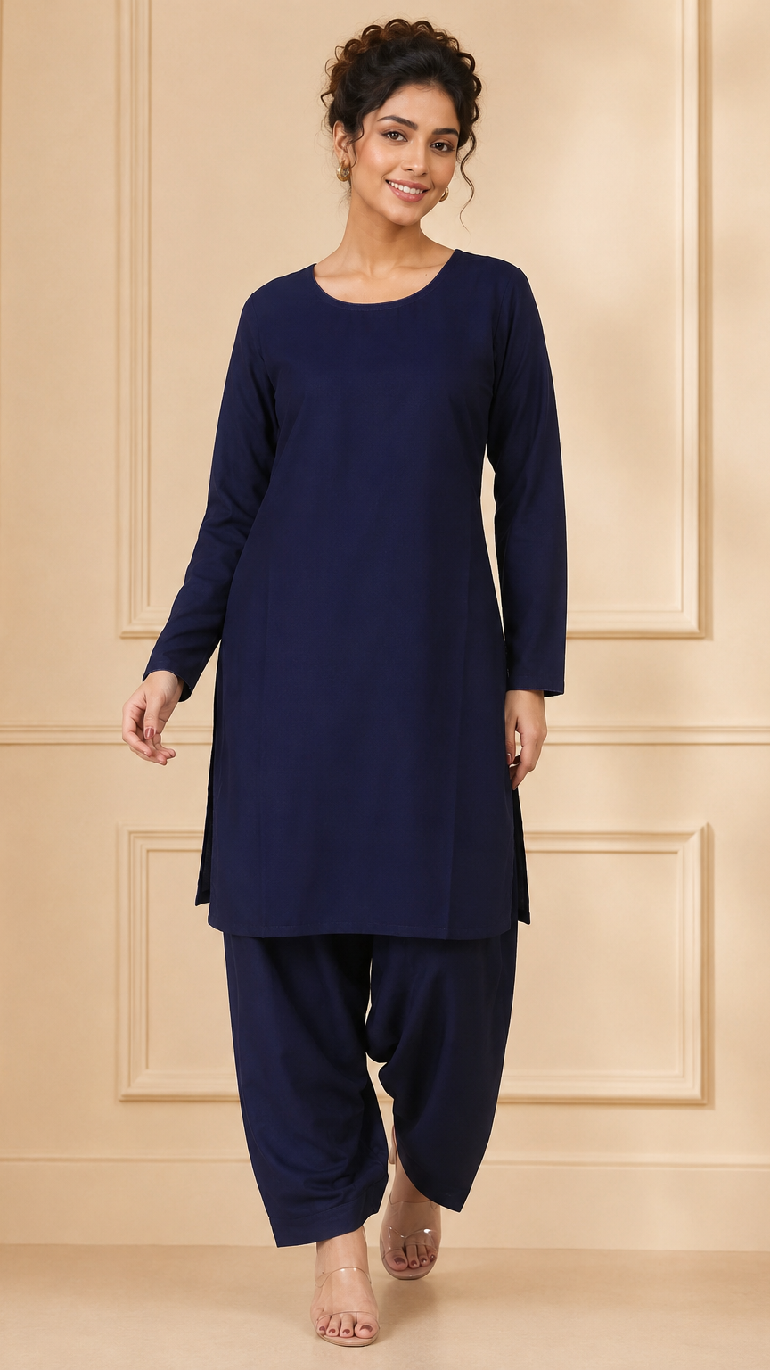 Navy blue women’s salwar kameez suit with matching trousers and plain chiffon dupatta, modest Asian ethnic wear outfit by Diya Online