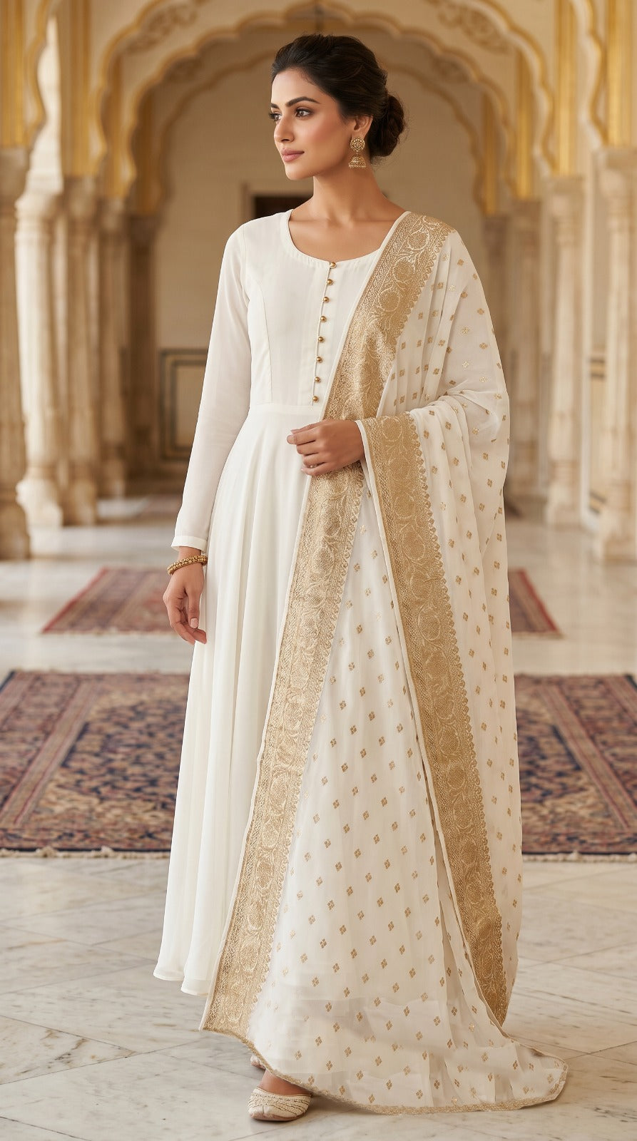 White Georgette Bias Cut Suit Set