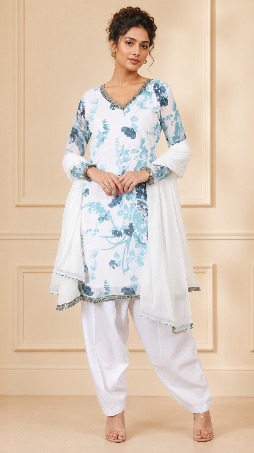 White and blue floral salwar kameez with matching dupatta – Diya Online
