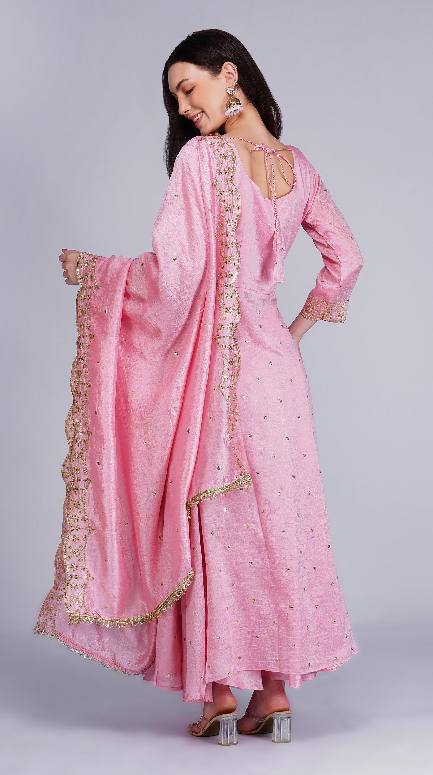 Pink Vichitra Silk Bias Cut Skirt Set with Scalloped Dupatta