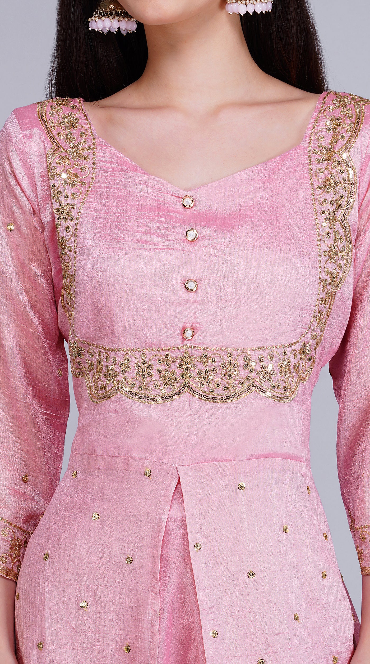 Pink Vichitra Silk Bias Cut Skirt Set with Scalloped Dupatta