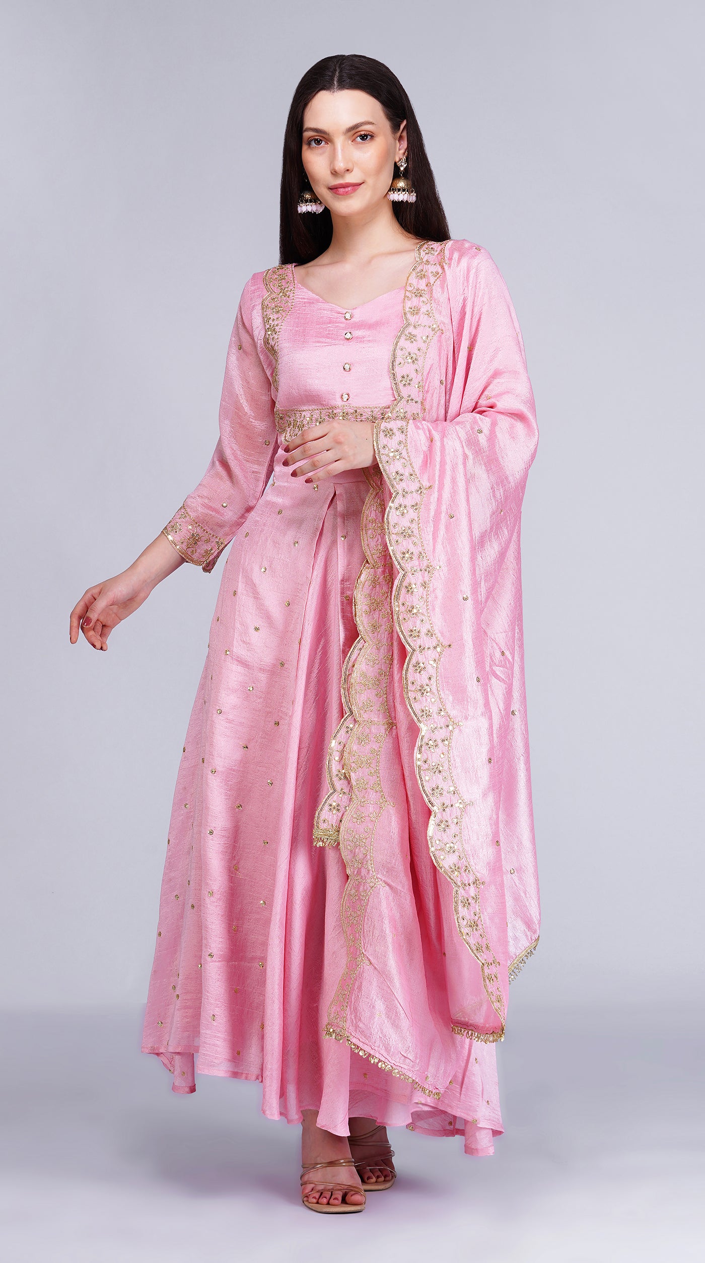 Pink Vichitra Silk Bias Cut Skirt Set with Scalloped Dupatta