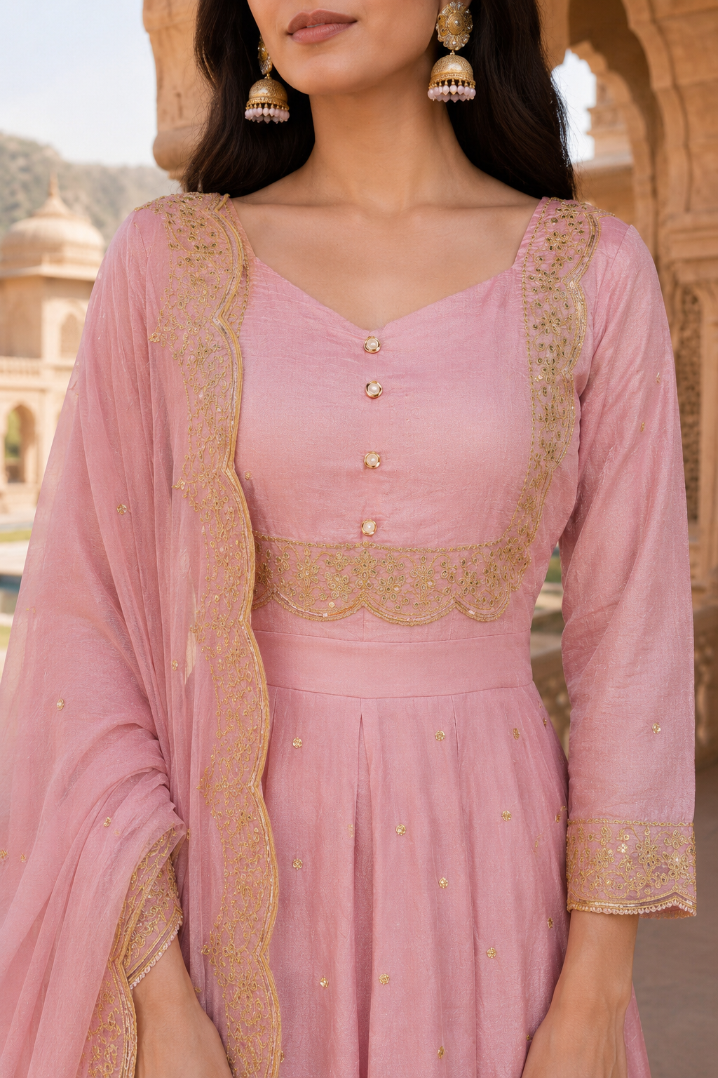 Buy heavy pink embroidered anarkali suit with matching dupatta online at Diya Online