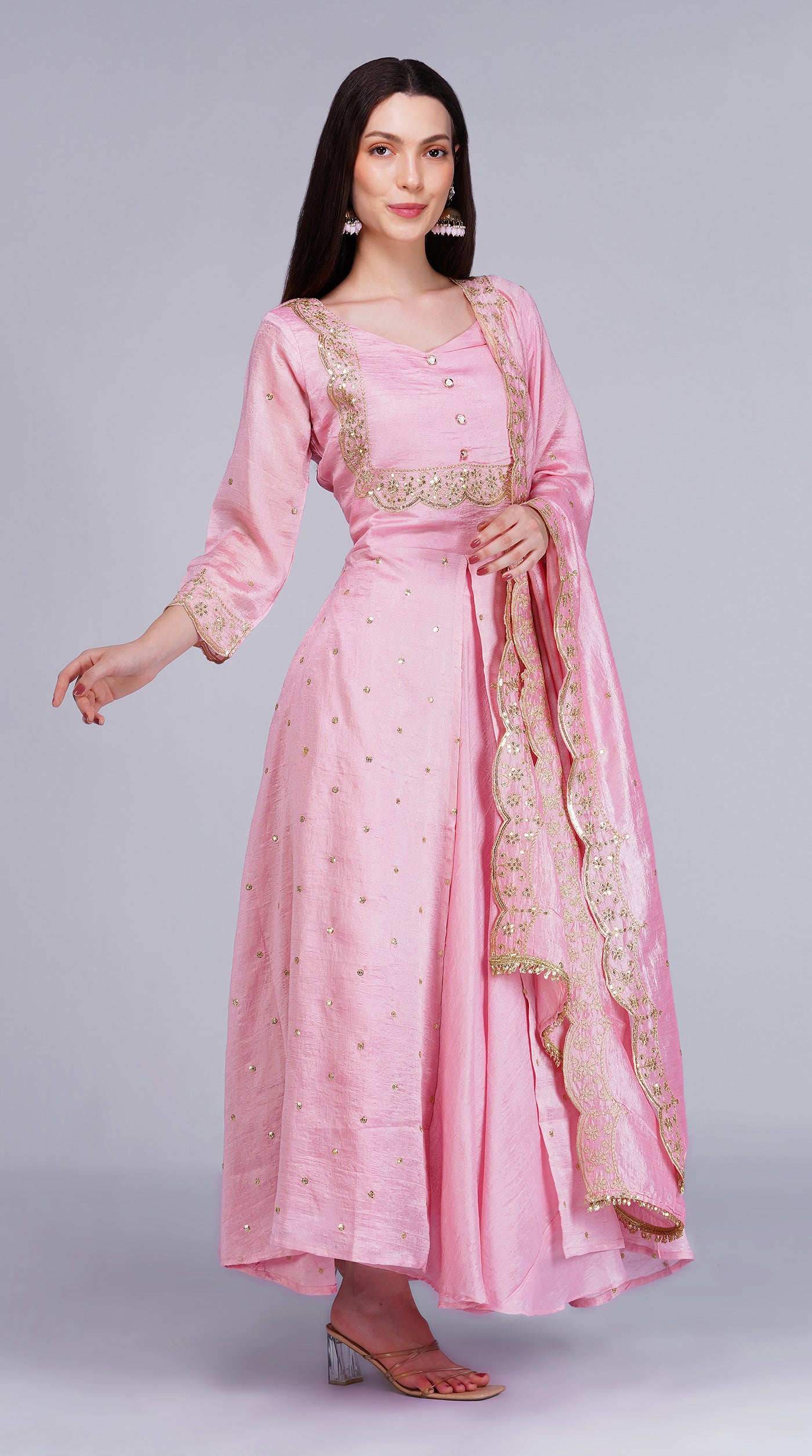 Pink Vichitra Silk Bias Cut Skirt Set with Scalloped Dupatta
