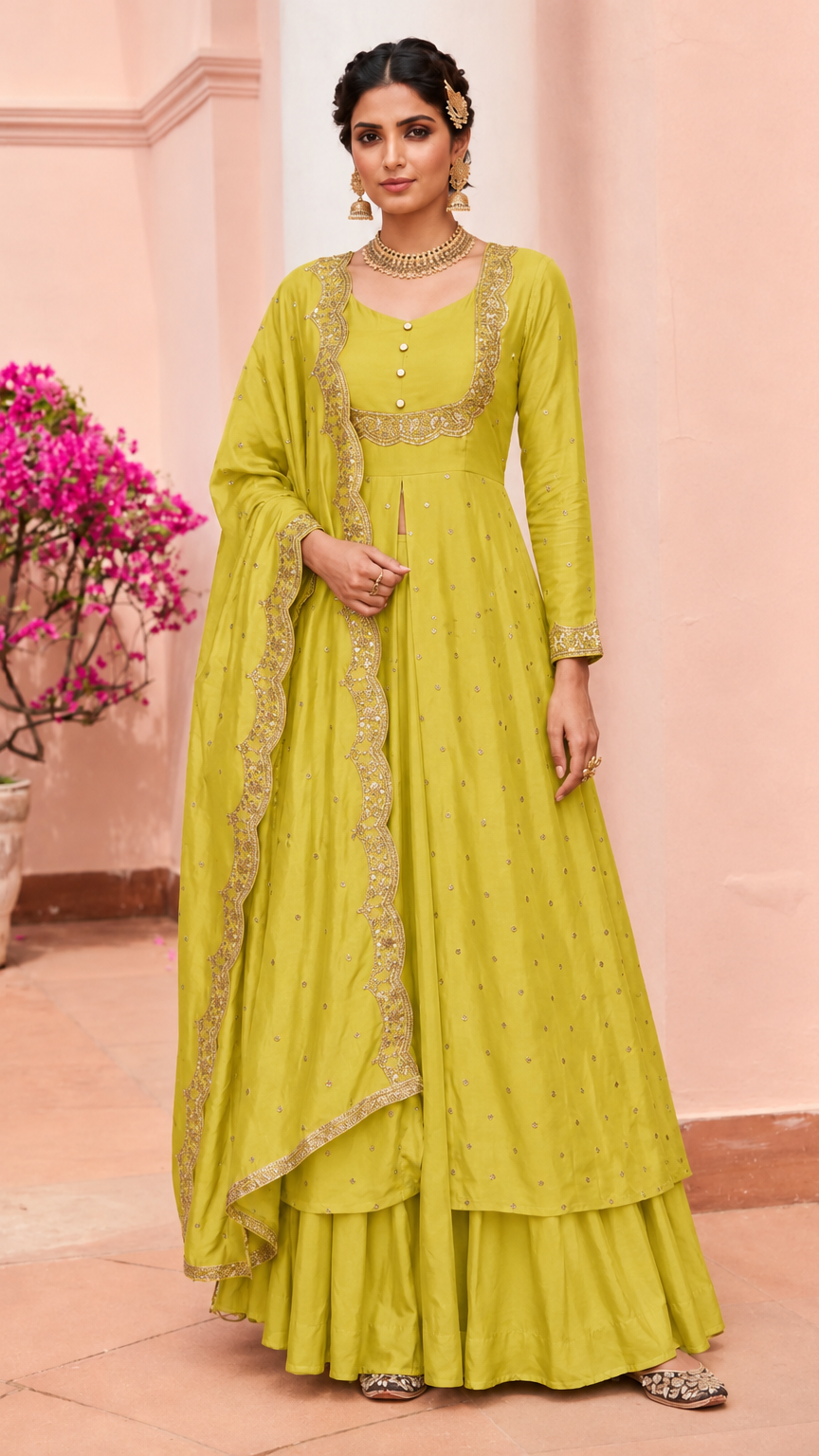 Women’s lime green embroidered Anarkali suit set with dupatta, festive Indian ethnic wear for weddings and parties
