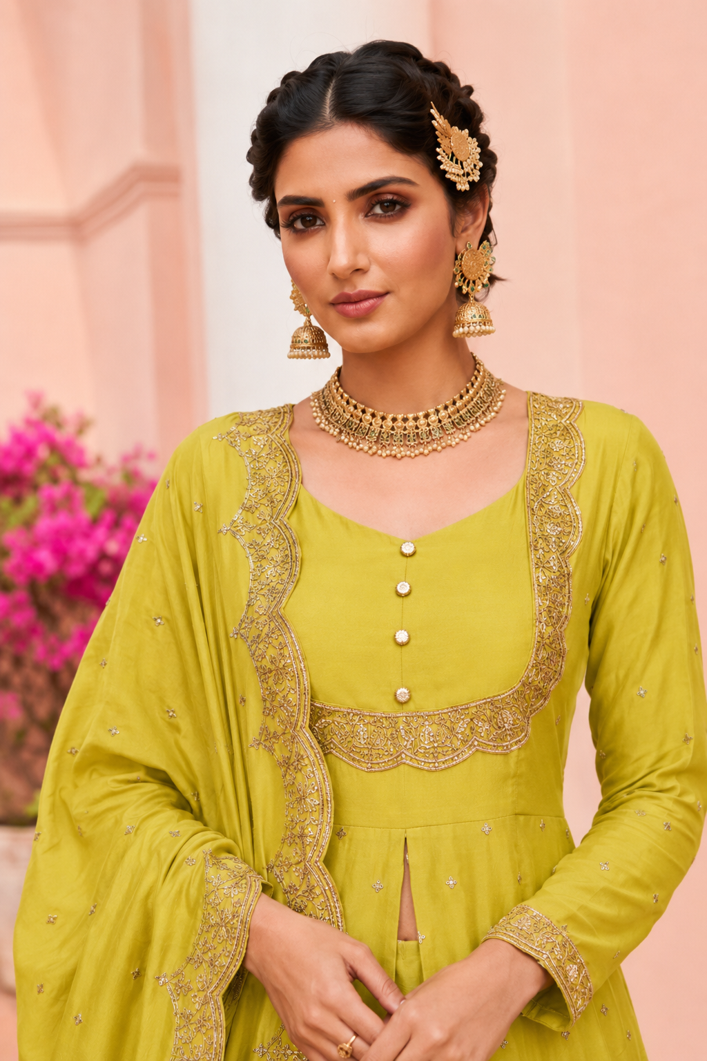 Women’s lime green embroidered Anarkali suit set with dupatta, festive Indian ethnic wear for weddings and parties