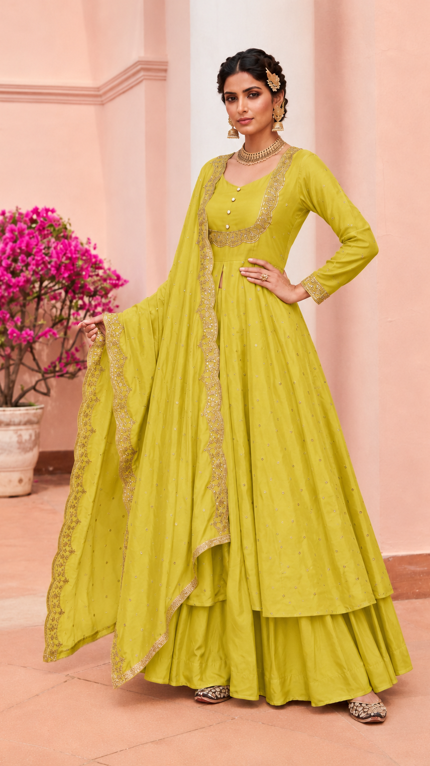 Women’s lime green embroidered Anarkali suit set with dupatta, festive Indian ethnic wear for weddings and parties