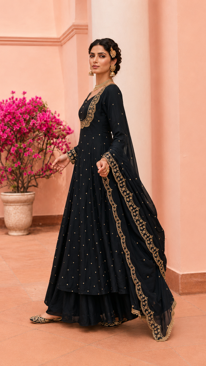 Buy heavy black embroidered anarkali suit with matching dupatta and palazzo online at Diya Online