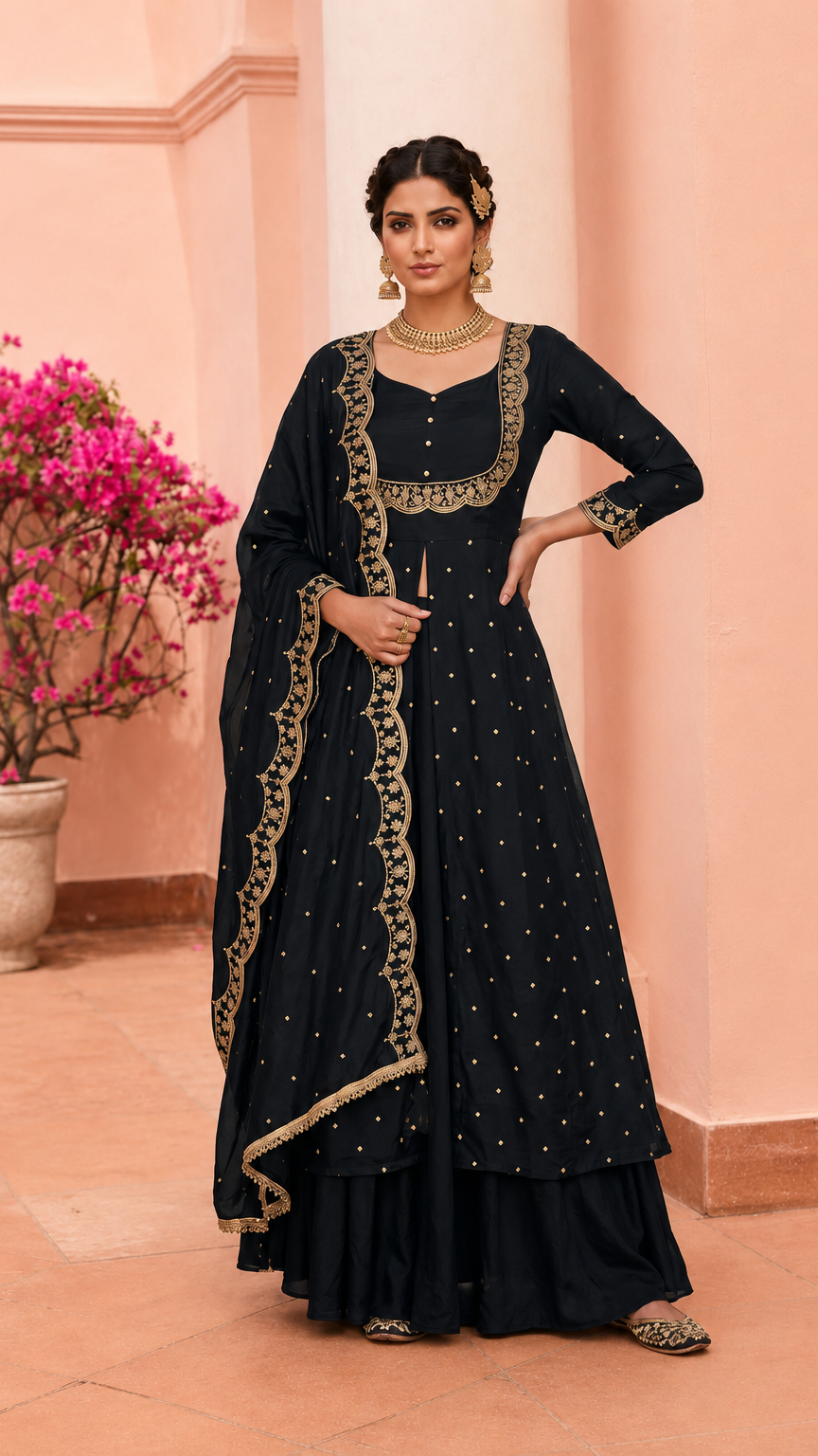 Buy heavy black embroidered anarkali suit with matching dupatta and palazzo online at Diya Online