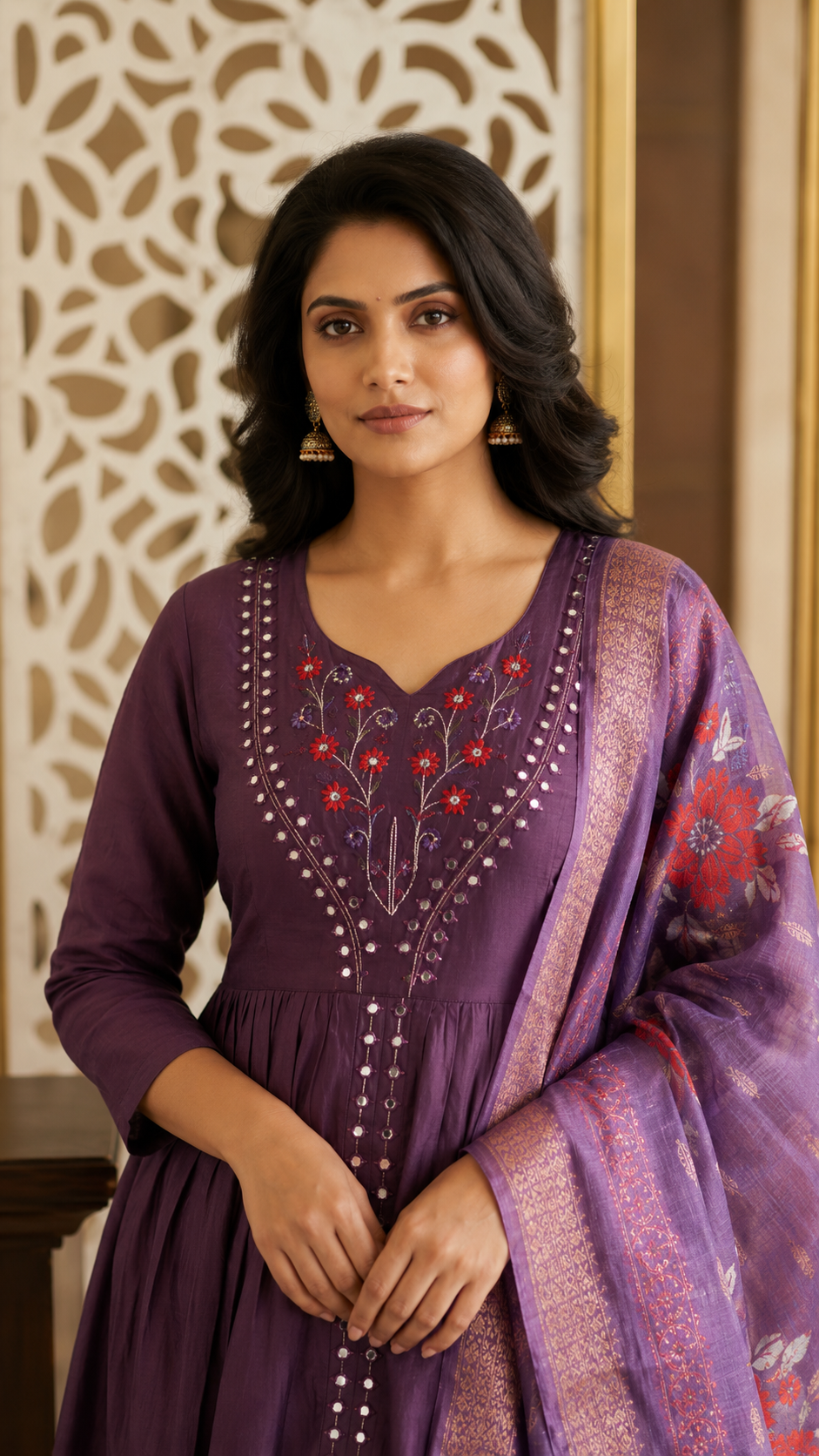 Wine Cotton Silk Bias Cut Suit Set
