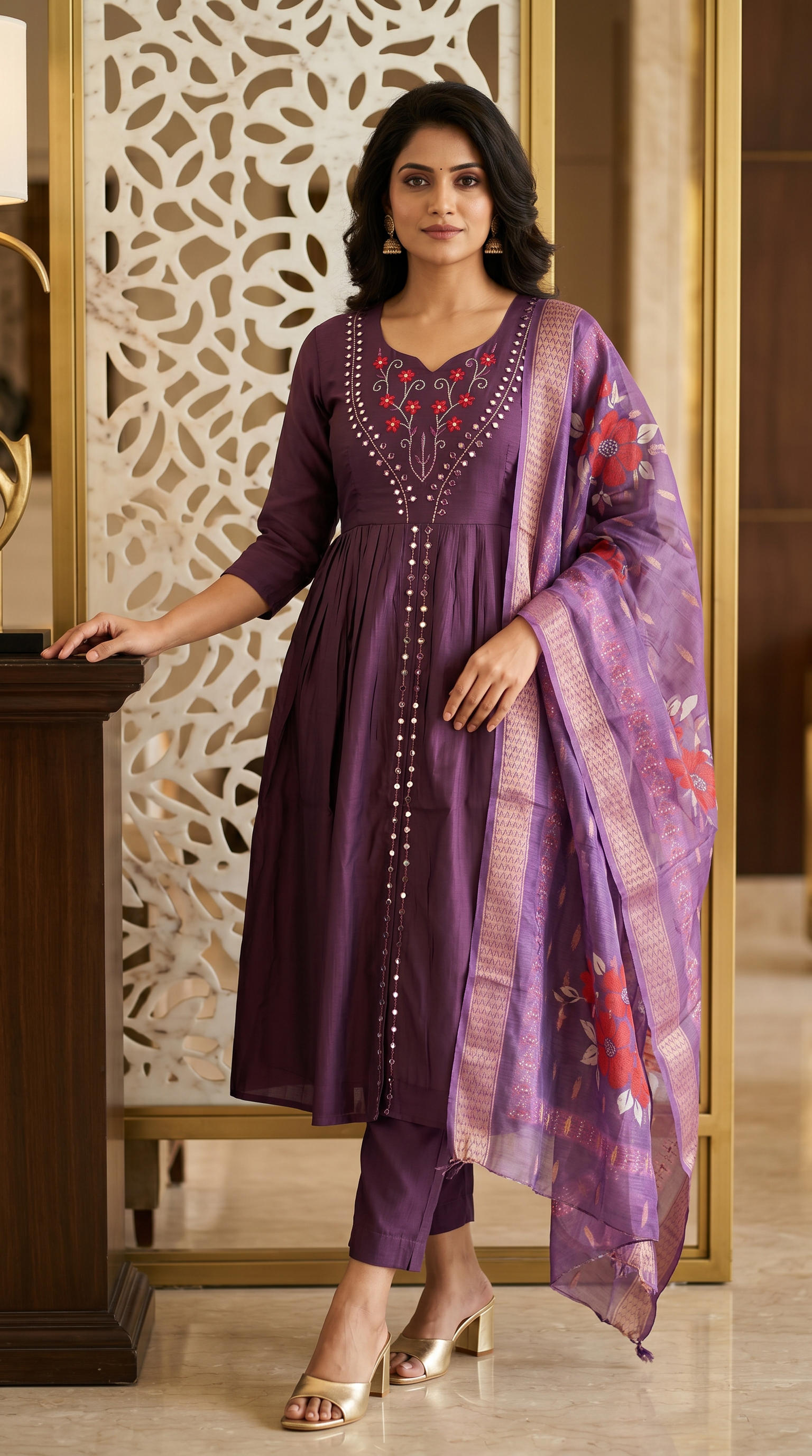Wine Cotton Silk Bias Cut Suit Set