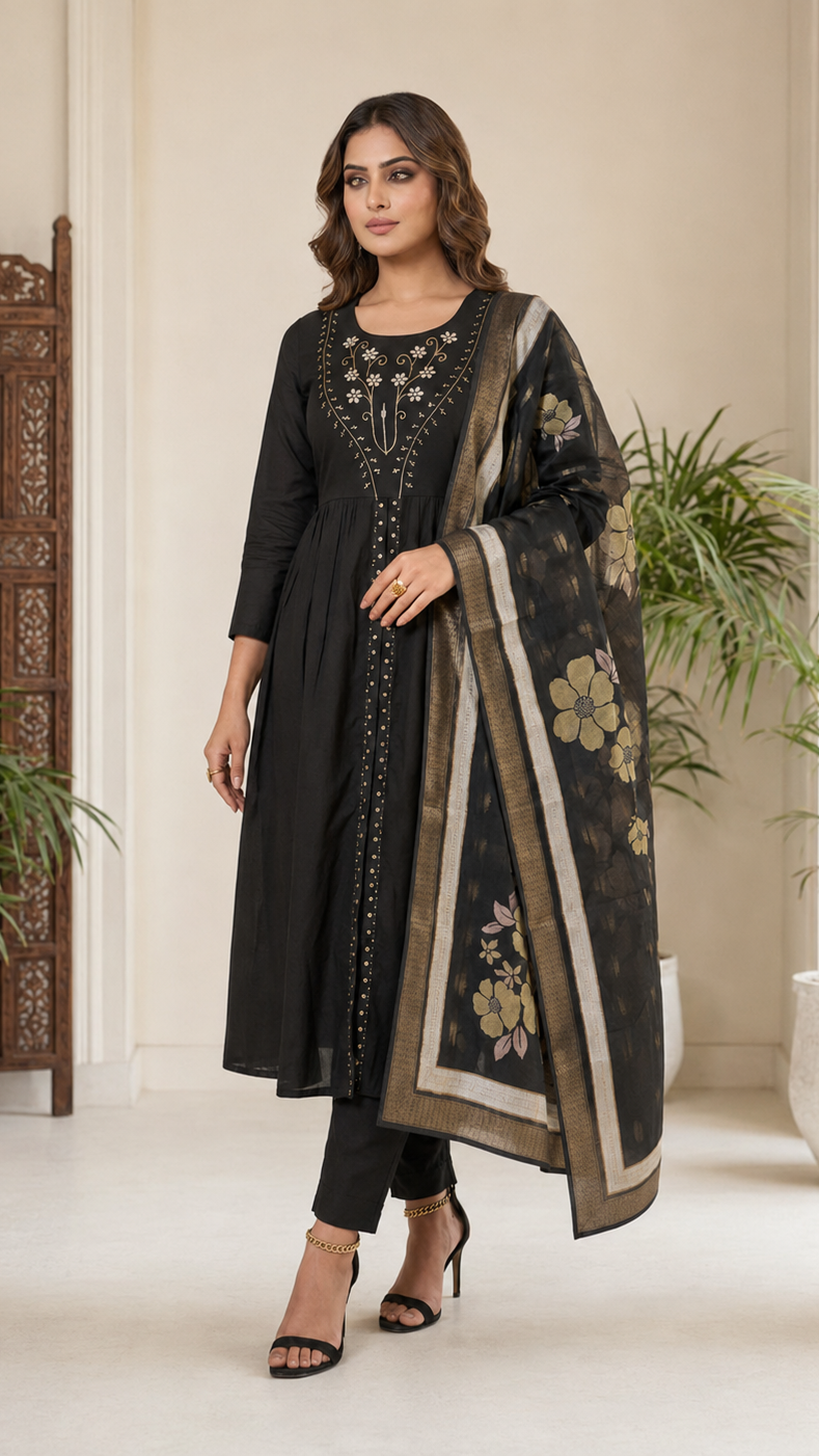 Black embroidered Anarkali kurta set with trousers and floral dupatta for women’s Pakistani Indian ethnic wear