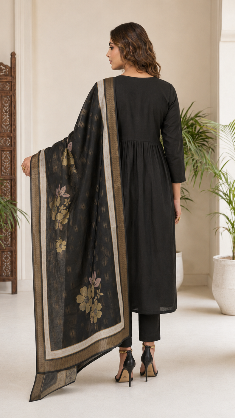 Black embroidered Anarkali kurta set with trousers and floral dupatta for women’s Pakistani Indian ethnic wear