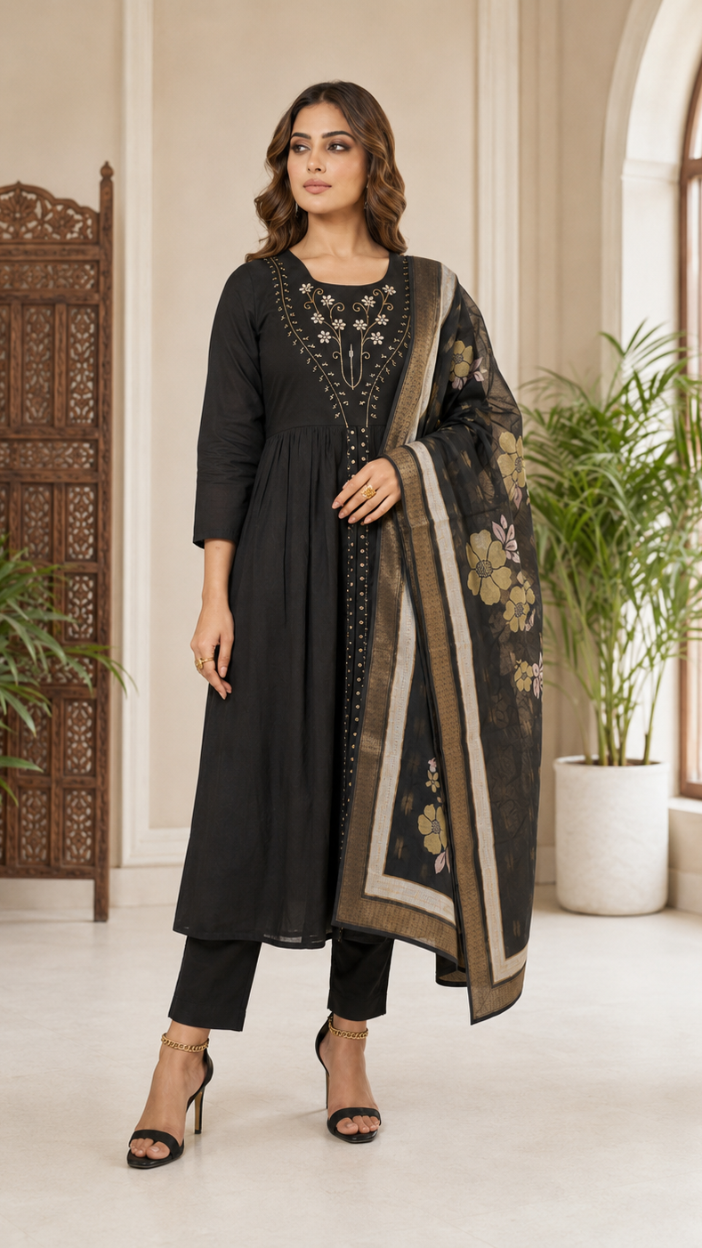 Black embroidered Anarkali kurta set with trousers and floral dupatta for women’s Pakistani Indian ethnic wear