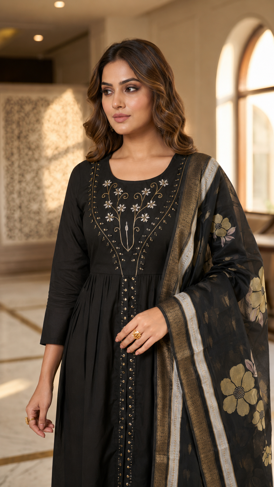 Black Cotton Silk Bias Cut Suit Set