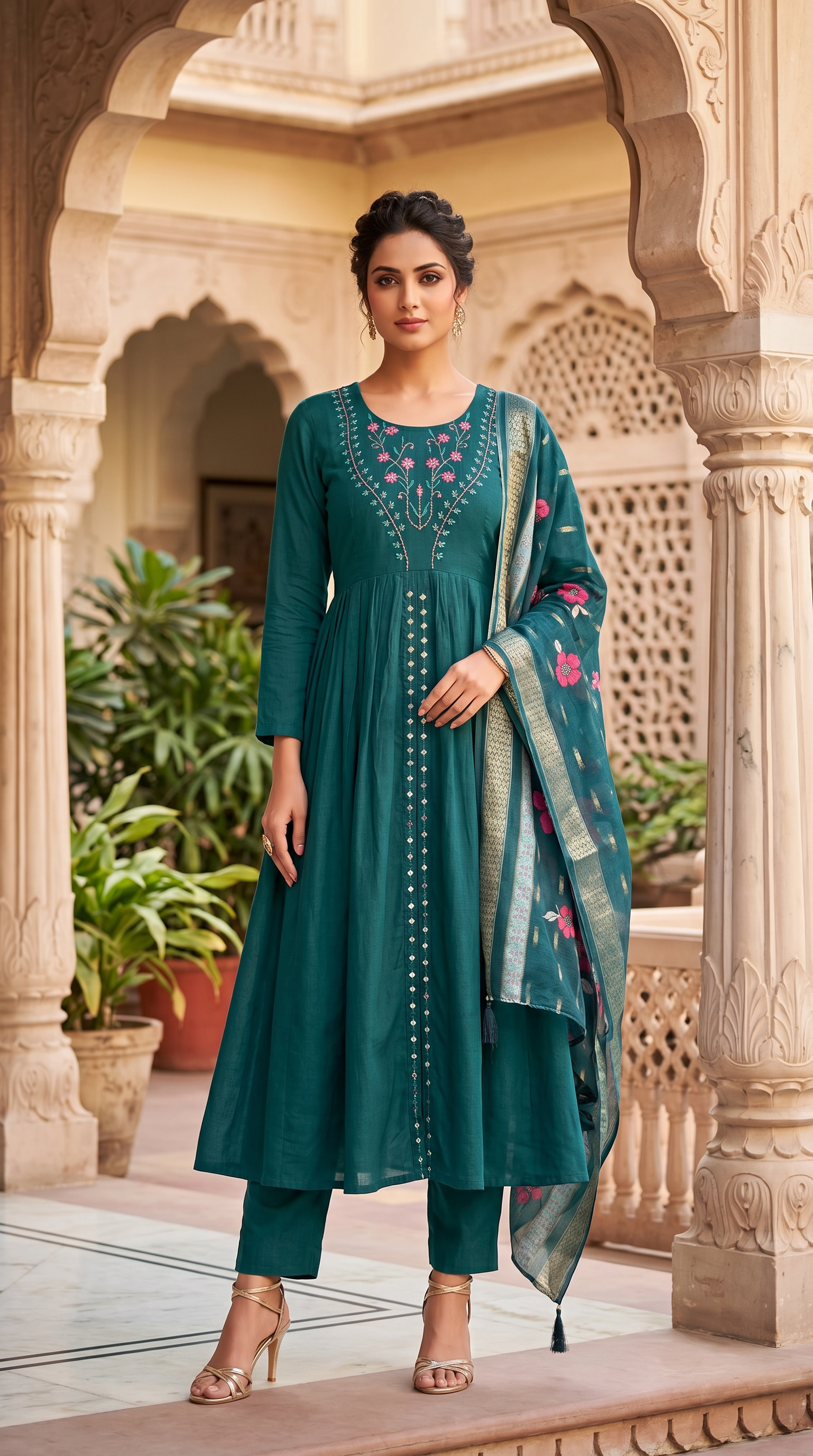 Green Cotton Silk Bias Cut Suit Set