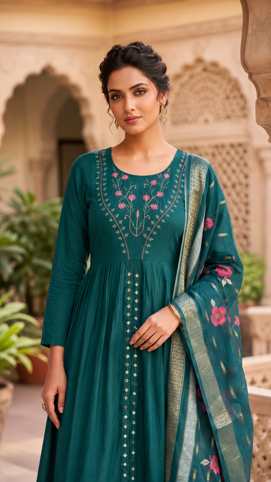 Green Cotton Silk Bias Cut Suit Set